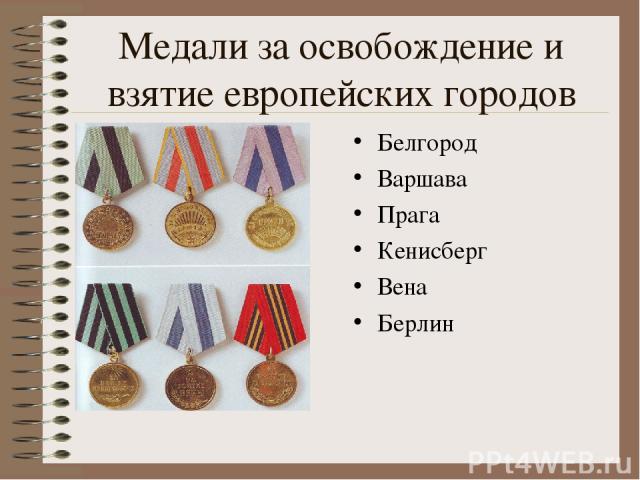 Медали за освобождение и взятие европейских городов Белгород Варшава Прага Кенисберг Вена Берлин