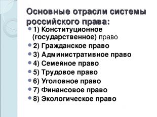 Основные отрасли системы российского права: 1) Конституционное (государственное)