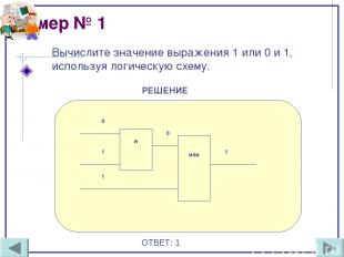 Пример № 1 Вычислите значение выражения 1 или 0 и 1, используя логическую схему.