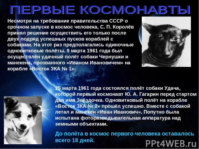 Несмотря на требование правительства СССР о срочном запуске в космос человека, С. П. Королёв принял решение осуществить его только после двух подряд успешных пусков кораблей с собаками. На этот раз предполагались одиночные одновитковые полёты. 9 мар…