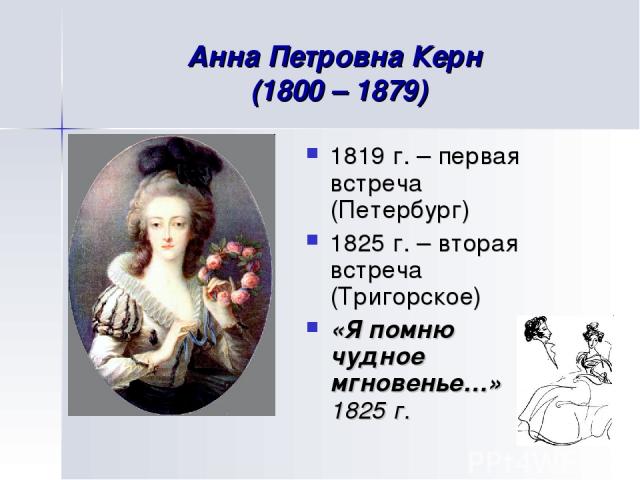 Анна Петровна Керн (1800 – 1879) 1819 г. – первая встреча (Петербург) 1825 г. – вторая встреча (Тригорское) «Я помню чудное мгновенье…» 1825 г.