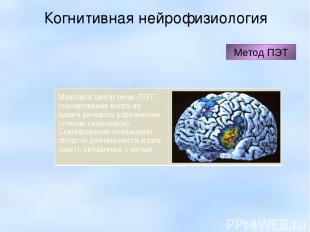 Когнитивная нейрофизиология Метод ПЭТ Мозговой центр речи. ПЭТ - сканирование мо