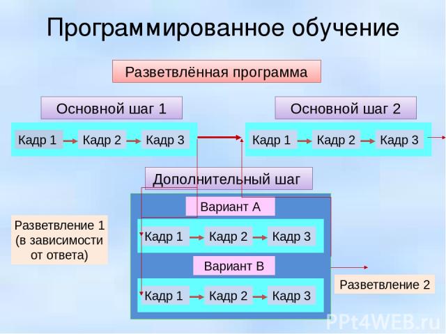 Программированное обучение Разветвлённая программа Разветвление 2 Вариант В Вариант А Разветвление 1 (в зависимости от ответа) Дополнительный шаг Основной шаг 1 Основной шаг 2 Кадр 1 Кадр 2 Кадр 3 Кадр 1 Кадр 2 Кадр 3