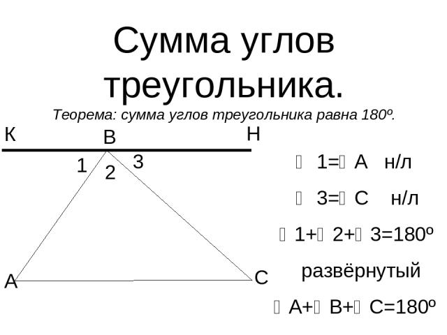 Сумма углов треугольника. Теорема: сумма углов треугольника равна 180º. А В С 1 2 3 1= А н/л 3= С н/л 1+ 2+ 3=180º развёрнутый А+ В+ С=180º