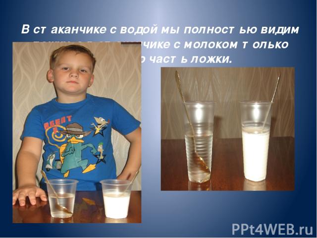 В стаканчике с водой мы полностью видим ложку, а в стаканчике с молоком только верхнюю часть ложки.