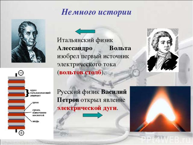 Немного истории Итальянский физик Алессандро Вольта изобрел первый источник электрического тока (вольтов столб). Русский физик Василий Петров открыл явление электрической дуги.