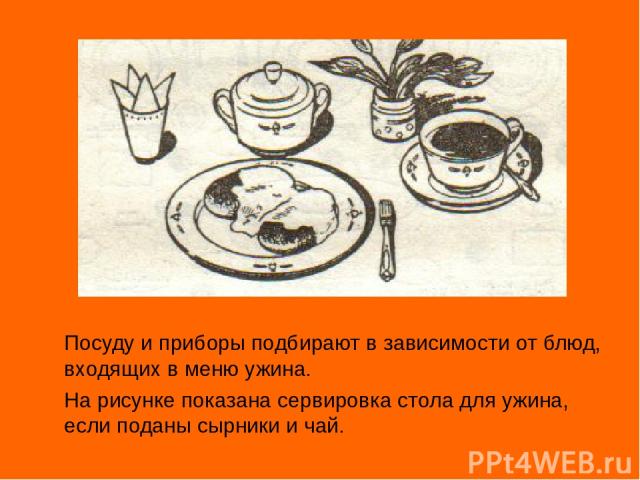 Посуду и приборы подбирают в зависимости от блюд, входящих в меню ужина. На рисунке показана сервировка стола для ужина, если поданы сырники и чай.