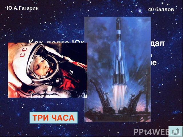 Ю.А.Гагарин 40 баллов Как долго Юрий Гагарин ожидал старта в кабине космонавта, пока проводились последние проверки систем корабля? ТРИ ЧАСА