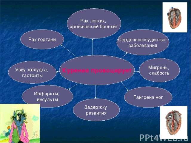 Курение провоцирует Сердечнососудистые заболевания Мигрень, слабость Гангрена ног Задержку развития Инфаркты, инсульты Язву желудка, гастриты Рак гортани Рак легких, хронический бронхит