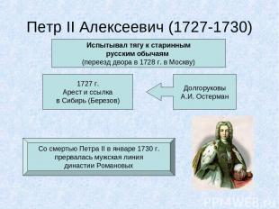 Петр II Алексеевич (1727-1730) Испытывал тягу к старинным русским обычаям (перее