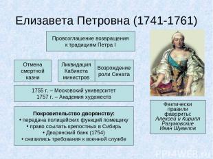 Елизавета Петровна (1741-1761) Провозглашение возвращения к традициям Петра I От