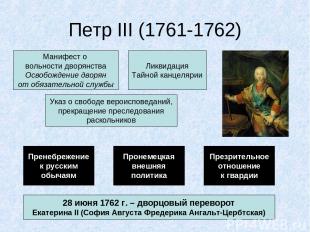 Петр III (1761-1762) Манифест о вольности дворянства Освобождение дворян от обяз