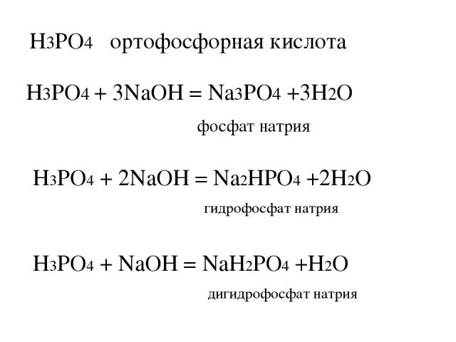 H3PO4 ортофосфорная кислота H3PO4 + 3NaOH = Na3PO4 +3H2O фосфат натрия H3PO4 + 2NaOH = Na2HPO4 +2H2O гидрофосфат натрия H3PO4 + NaOH = NaH2PO4 +H2O дигидрофосфат натрия