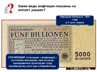 Какие виды инфляции показаны на иллюстрациях? Немецкая банкнота 1923 года в 5 тр