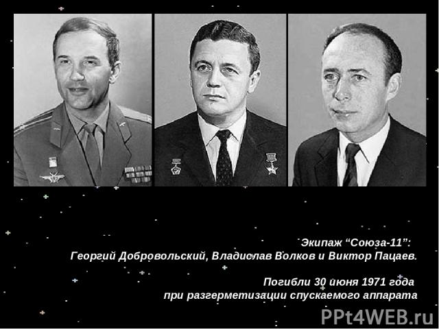 Экипаж “Союза-11”:  Георгий Добровольский, Владислав Волков и Виктор Пацаев. Погибли 30 июня 1971 года при разгерметизации спускаемого аппарата