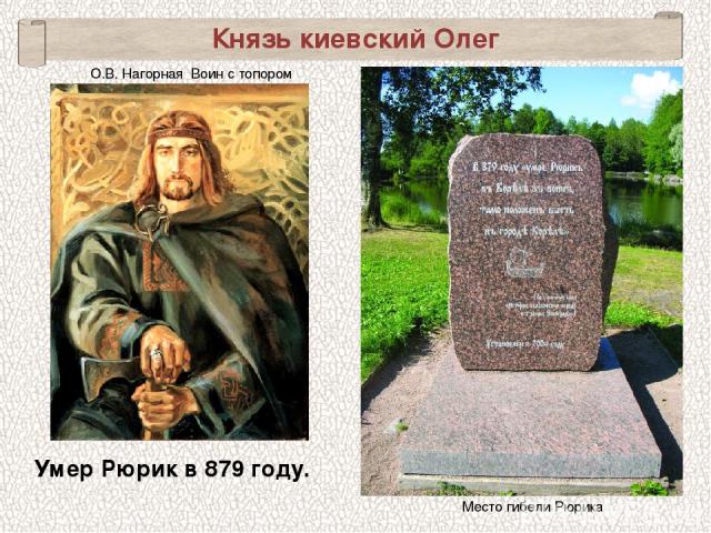Умер Рюрик в 879 году. Князь киевский Олег Место гибели Рюрика О.В. Нагорная Воин с топором