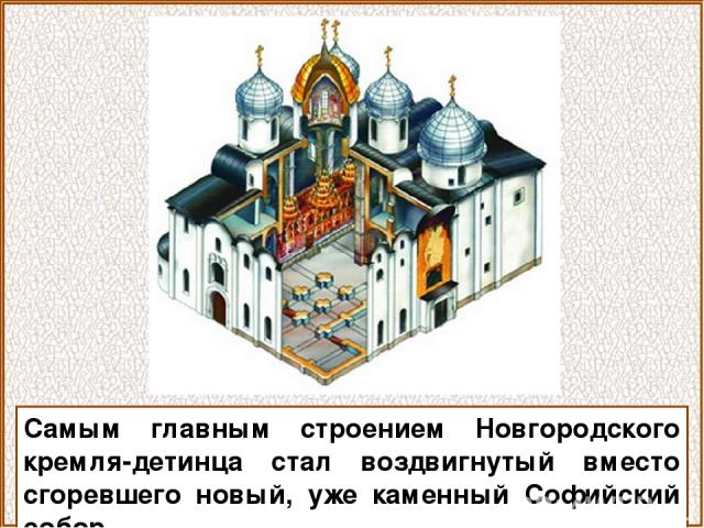Самым главным строением Новгородского кремля-детинца стал воздвигнутый вместо сгоревшего новый, уже каменный Софийский собор.