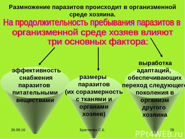 эффективность снабжения паразитов питательными веществами Размножение паразитов происходит в организменной среде хозяина. размеры паразитов (их соразмерность с тканями и органами хозяев) выработка адаптаций, обеспечивающих переход следующего поколен…