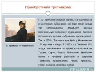 Приобретения Третьякова П. М. Третьяков покупал картины на выставках и в мастерс
