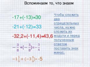 Вспоминаем то, что знаем -17+(-13)= -30 -21+(-12)= -33 -32,2+(-11,4)= -43,6 -5 Ч