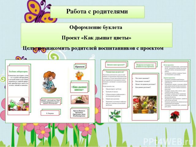 Работа с родителями Оформление буклета Проект «Как дышат цветы» Цель: познакомить родителей воспитанников с проектом
