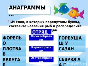 Из слов, в которых перепутаны буквы, составьте названия рыб и распределите их по