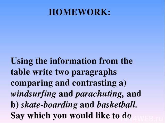 Using the information from the table write two paragraphs comparing and contrasting a) windsurfing and parachuting, and b) skate boarding and basketball. Say which you would like to do most and why. Find pictures to use with your project. Useful wor…