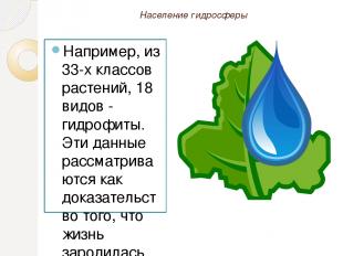Население гидросферы Например, из 33-х классов растений, 18 видов - гидрофиты. Э