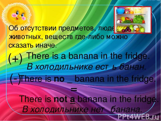 (+) There is a banana in the fridge. В холодильнике есть банан. (-) There is no _ banana in the fridge. There is not a banana in the fridge. = В холодильнике нет банана. Об отсутствии предметов, людей, животных, веществ где-либо можно сказать иначе.