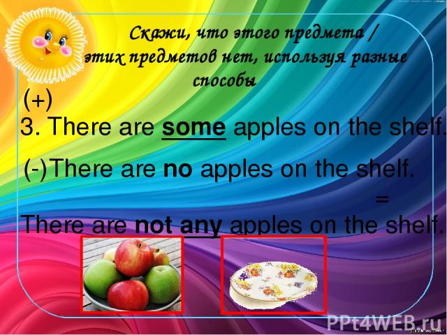 Скажи, что этого предмета / этих предметов нет, используя разные способы 3. There are some apples on the shelf. (+) There are no apples on the shelf. There are not any apples on the shelf. (-) =