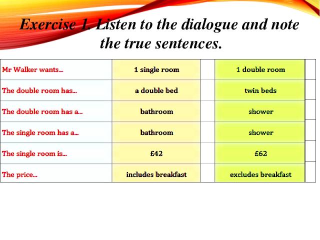 Exercise 1. Listen to the dialogue and note the true sentences.