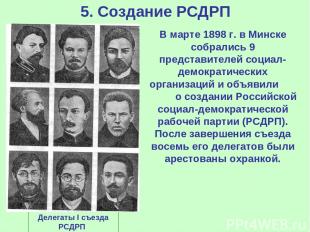 5. Создание РСДРП В марте 1898 г. в Минске собрались 9 представителей социал-дем
