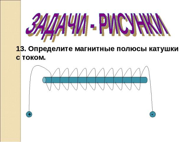 13. Определите магнитные полюсы катушки с током. + -