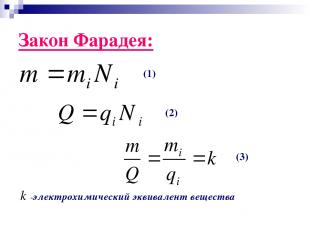 Закон Фарадея: -электрохимический эквивалент вещества (1) (2) (3)