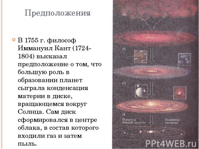 Предположения В 1755 г. философ Иммануил Кант (1724-1804) высказал предположение о том, что большую роль в образовании планет сыграла конденсация материи в диске, вращающемся вокруг Солнца. Сам диск сформировался в центре облака, в состав которого в…