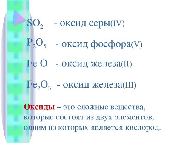 SO2 - оксид серы(IV) P2O5 - оксид фосфора(V) Fe O - оксид железа(II) Fe2O3 - оксид железа(III) Оксиды – это сложные вещества, которые состоят из двух элементов, одним из которых является кислород.