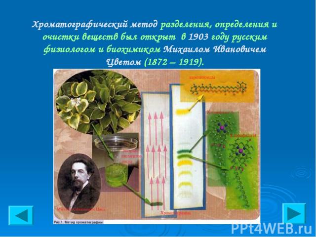 Хроматографический метод разделения, определения и очистки веществ был открыт в 1903 году русским физиологом и биохимиком Михаилом Ивановичем Цветом (1872 – 1919).