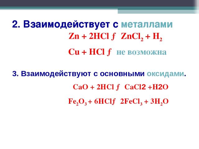2. Взаимодействует с металлами Zn + 2HCl → ZnCl2 + H2 Cu + HCl → не возможна 3. Взаимодействуют с основными оксидами. CaO + 2HCl → CaCl2 +H2O Fe2O3 + 6HCl→ 2FeCl3 + 3H2O