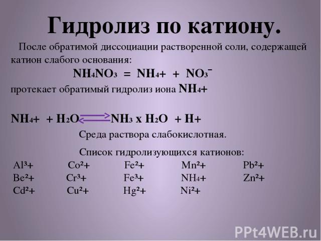 Гидролиз по катиону. После обратимой диссоциации растворенной соли, содержащей катион слабого основания: NH4NO3 = NH4+ + NO3¯ протекает обратимый гидролиз иона NH4+ NH4+ + H2O NH3 х H2O + H+ Среда раствора слабокислотная. Список гидролизующихся кати…