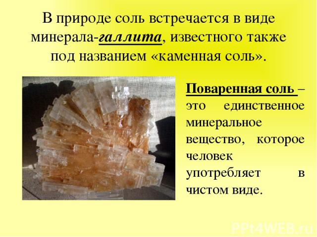 В природе соль встречается в виде минерала-галлита, известного также под названием «каменная соль». Поваренная соль – это единственное минеральное вещество, которое человек употребляет в чистом виде.