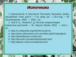 Источники 1. Корчагина В. А. Биология: Растения, бактерии, грибы, лишайники: Уче