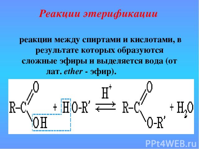 реакции между спиртами и кислотами, в результате которых образуются сложные эфиры и выделяется вода (от лат. ether - эфир). Реакции этерификации