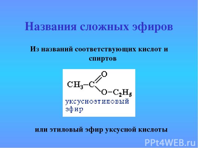 Названия сложных эфиров Из названий соответствующих кислот и спиртов или этиловый эфир уксусной кислоты