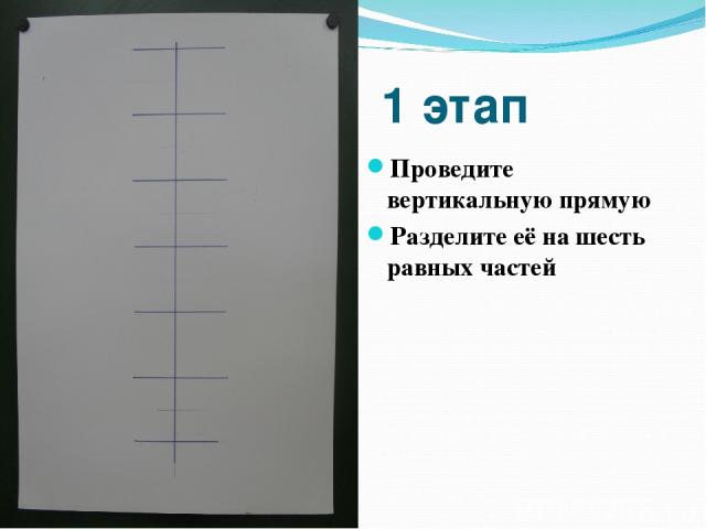 1 этап Проведите вертикальную прямую Разделите её на шесть равных частей