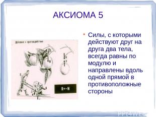АКСИОМА 5 Силы, с которыми действуют друг на друга два тела, всегда равны по мод
