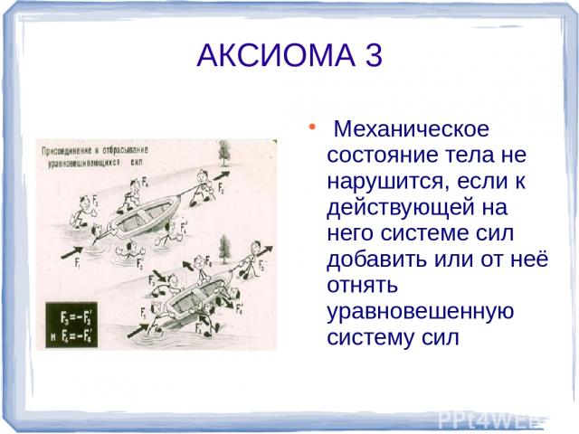 АКСИОМА 3 Механическое состояние тела не нарушится, если к действующей на него системе сил добавить или от неё отнять уравновешенную систему сил