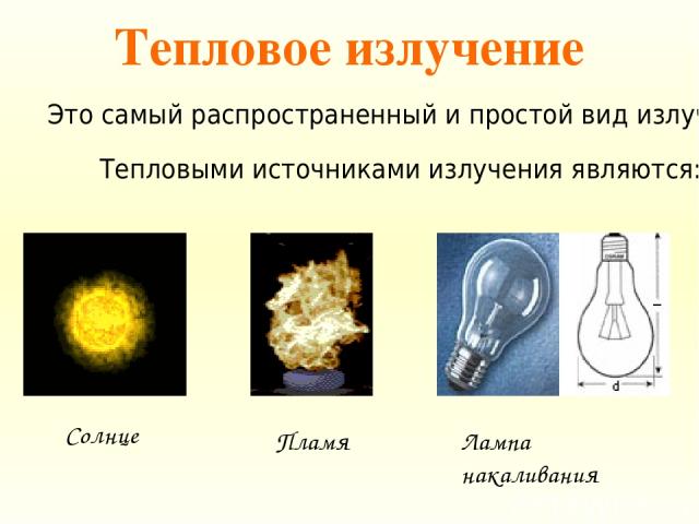 Тепловое излучение Это самый распространенный и простой вид излучения Тепловыми источниками излучения являются: Солнце Пламя Лампа накаливания