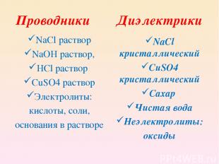 Проводники NaCl раствор NaOH раствор, HCl раствор CuSO4 раствор Электролиты: кис