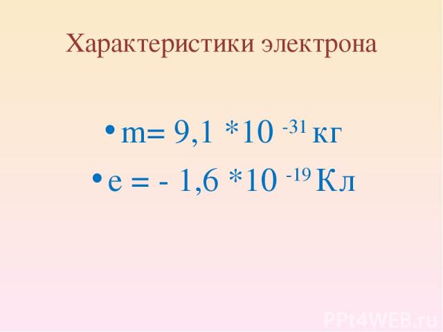 Характеристики электрона m= 9,1 *10 -31 кг e = - 1,6 *10 -19 Кл