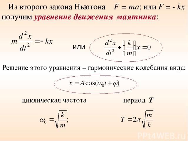 или циклическая частота ω период Т Из второго закона Ньютона F = mа; или F = - kx получим уравнение движения маятника: Решение этого уравнения – гармонические колебания вида: